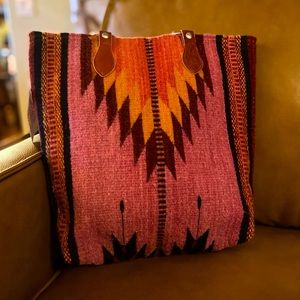 Artsy eclectic handwoven wool rustic boho Western pink burgundy leather purse